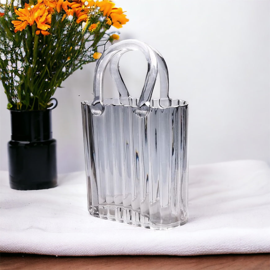 Large Glass Ribbed Handbag Vase