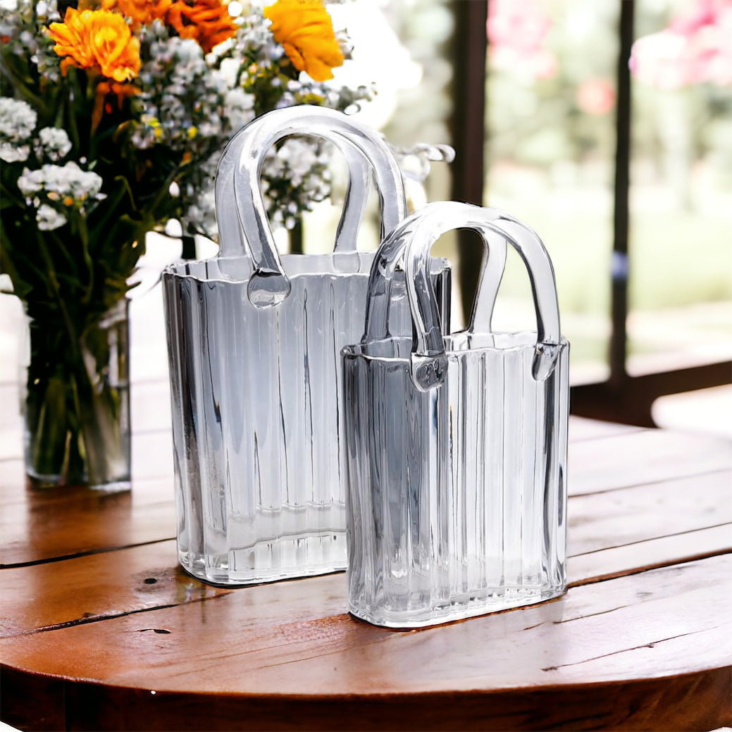 Large Glass Ribbed Handbag Vase