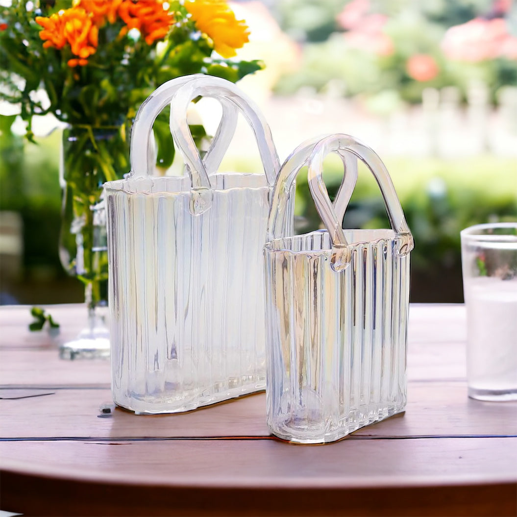 Large Glass Ribbed Handbag Vase